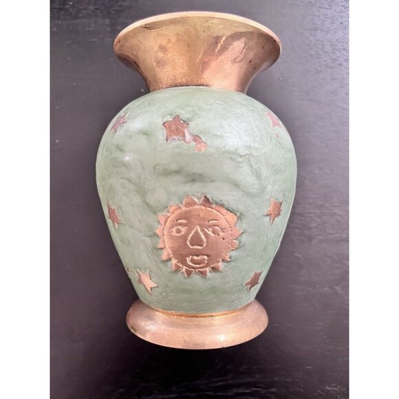 Solid Brass & Green Enamel Vase Celestial Sun Moon Stars Made in India 4-3/4" - Picture 12 of 14